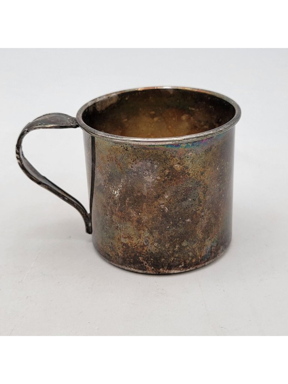 Antique Oneida Silver Plate Baby Cup With Ornate Handle & Patina Finish